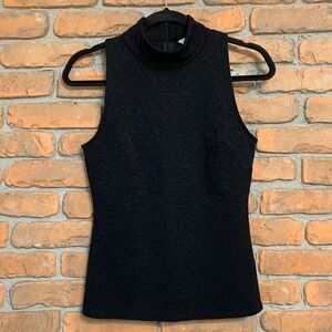 White House Black Market Mock Neck Sleeveless Tank Top Womens XS Black Textured‎